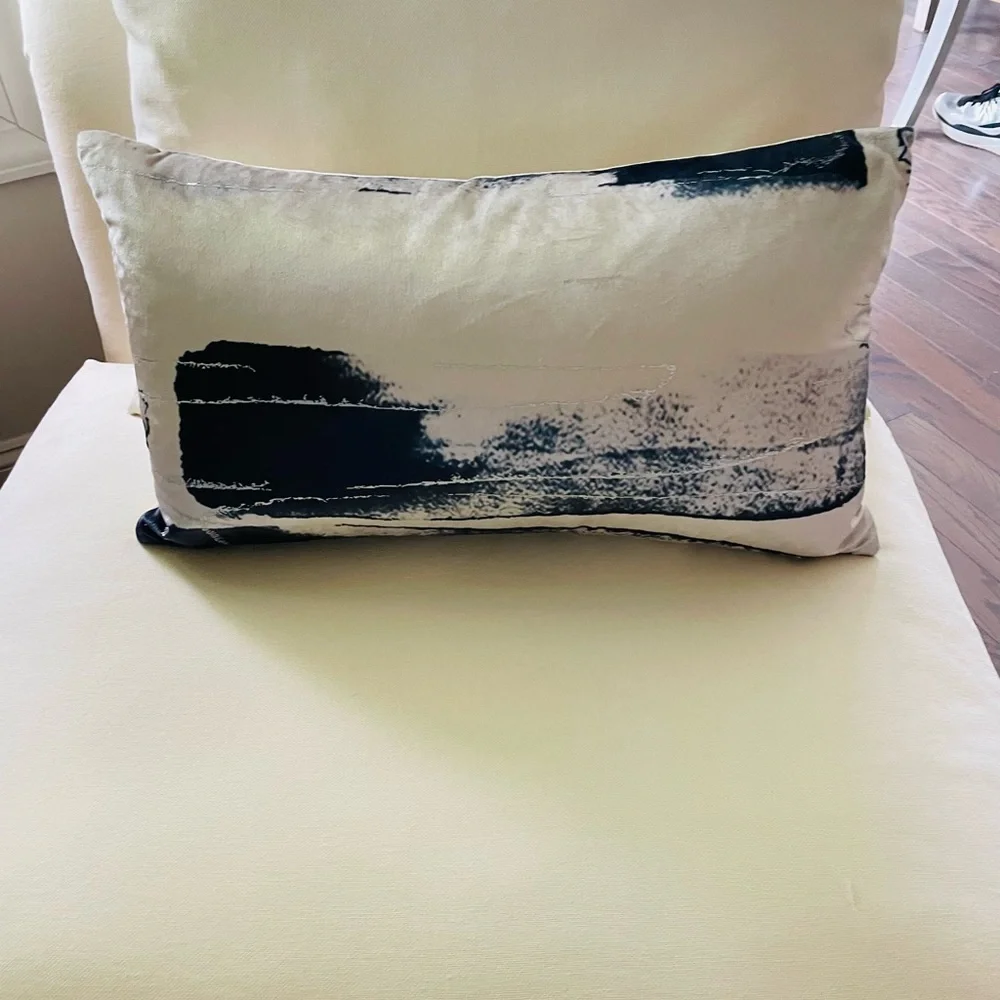 CALLISTO HOME Metallic Silver Foil Blue Velvet Lumbar Throw Pillow 14 x 23” New